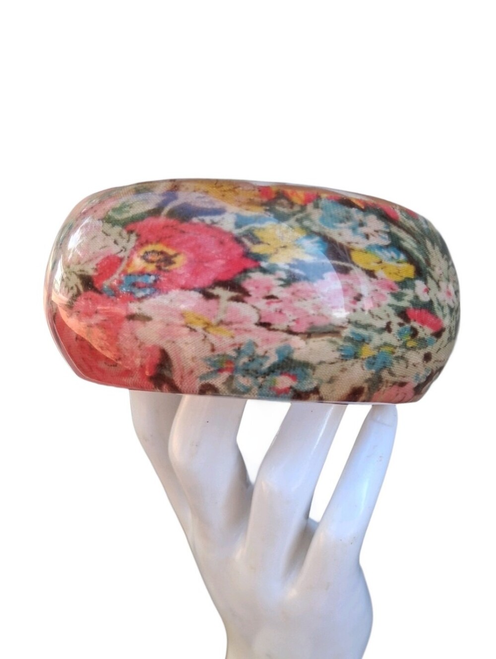 Vintage Floral Fabric Encased Lucite Resin Chunky Bangle Bracelet Pink Rose